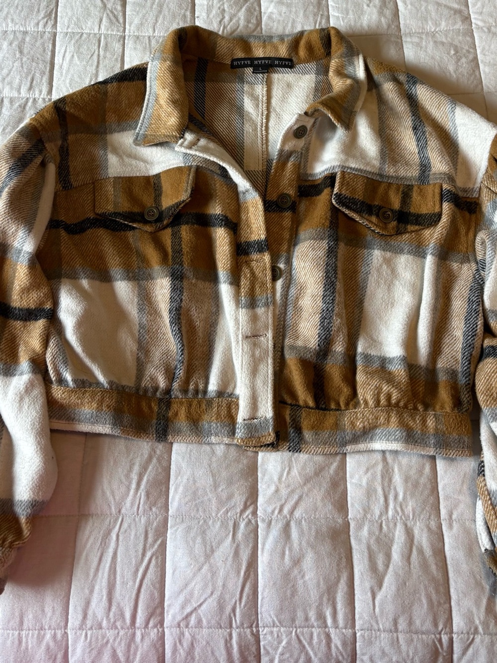 HYFVE Plaid Cropped Shacket Size L - in Camel, Cream & Gray